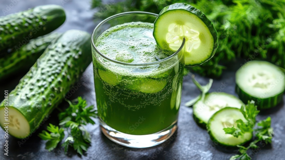 A refreshing green cucumber drink garnished with cucumber slices, surrounded by fresh cucumbers. A refreshing green cucumber drink garnished with cucumber slices, surrounded by fresh cucumbers.