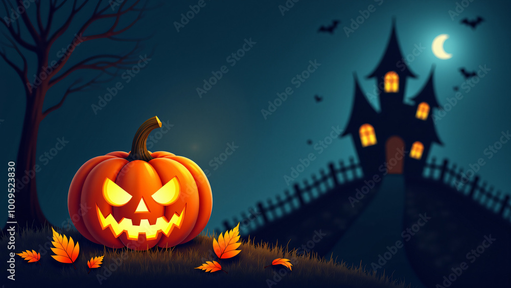 Spooky Halloween Pumpkin and Haunted House at Night Spooky Halloween Pumpkin and Haunted House at Night