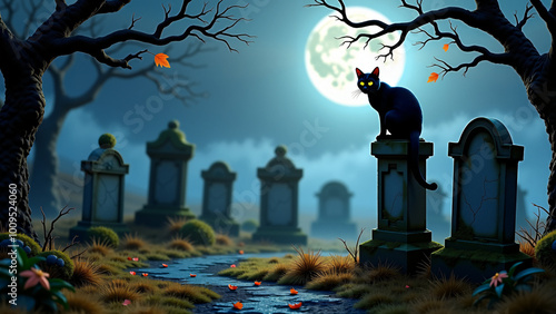 Spooky Black Cat in a Halloween Cemetery Scene