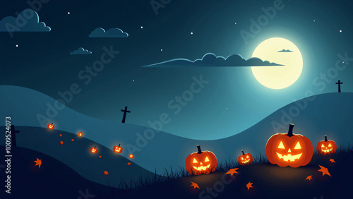 Halloween Night with Glowing Pumpkins and Moon