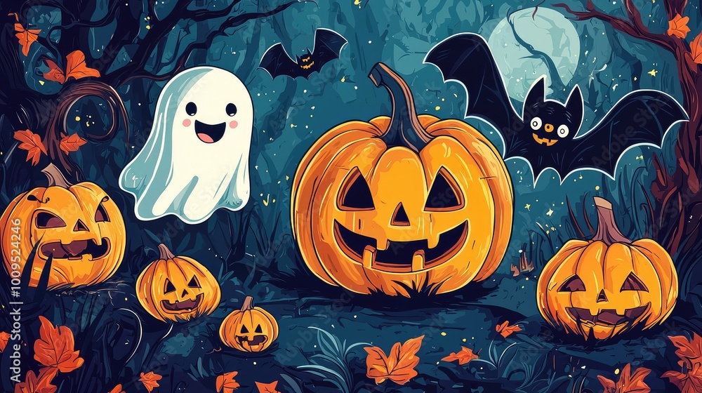 Colorful Halloween scene featuring cheerful ghosts, playful bats, and carved pumpkins amidst autumn leaves. Colorful Halloween scene featuring cheerful ghosts, playful bats, and carved pumpkins amidst autumn leaves.