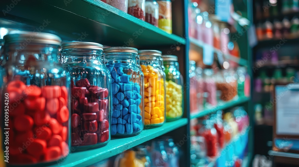 Colorful jars filled with various candies on a vibrant display create a delightful and inviting atmosphere in the sweet shop. Colorful jars filled with various candies on a vibrant display create a delightful and inviting atmosphere in the sweet shop.
