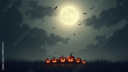 Halloween jack-o-lantern pumpkins bats moon grey sky