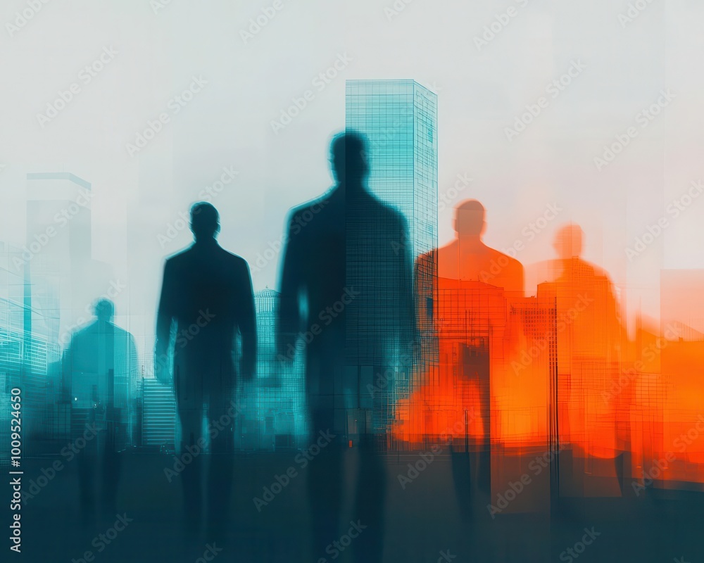 Fototapeta premium abstract composition of blurred human silhouettes in modern openplan office space conveying busy collaborative atmosphere