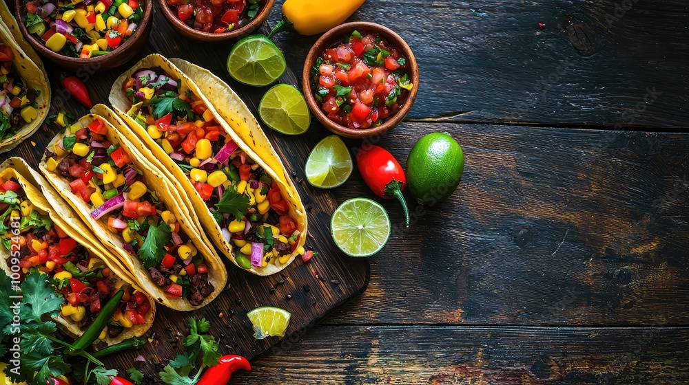 Colorful tacos filled with fresh vegetables and served with salsa, perfect for a vibrant meal or culinary project. Colorful tacos filled with fresh vegetables and served with salsa, perfect for a vibrant meal or culinary project.