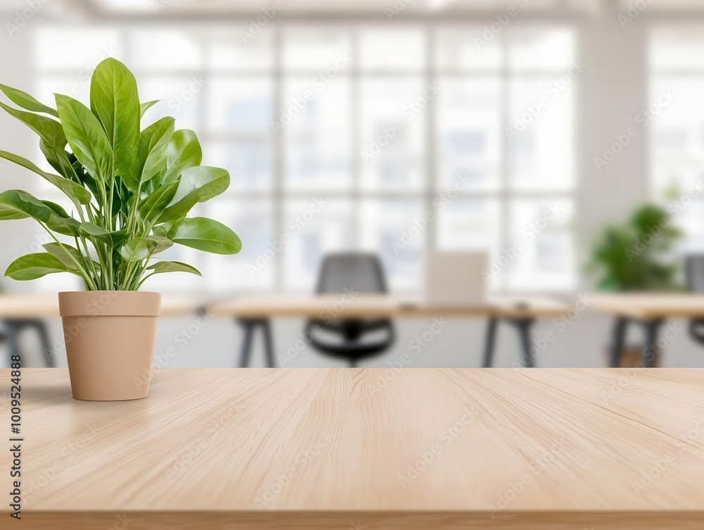 Fototapeta premium Blurred modern office interior with desks and natural light for professional settings