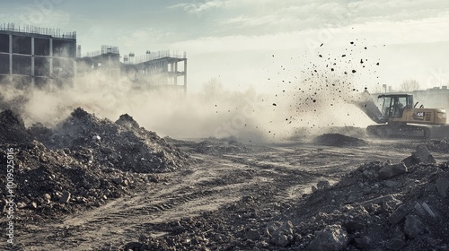 Construction site with machinery, dust, and dirt being moved, showcasing industrial activity and progress in urban development.