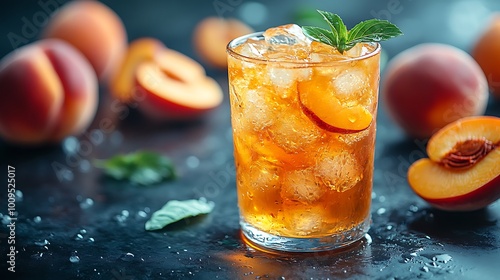 Refreshing iced tea with peach slices and mint leaves in a glass.
