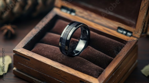 Black tungsten ring with a carbon fiber inlay in a wooden box
