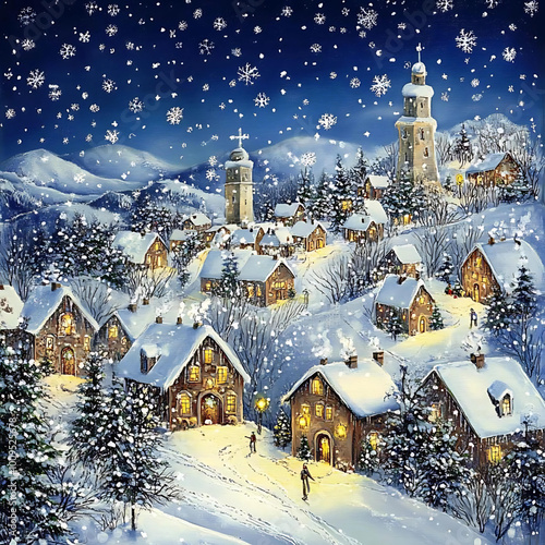 A serene winter village scene with snow-covered houses and a starry night sky.