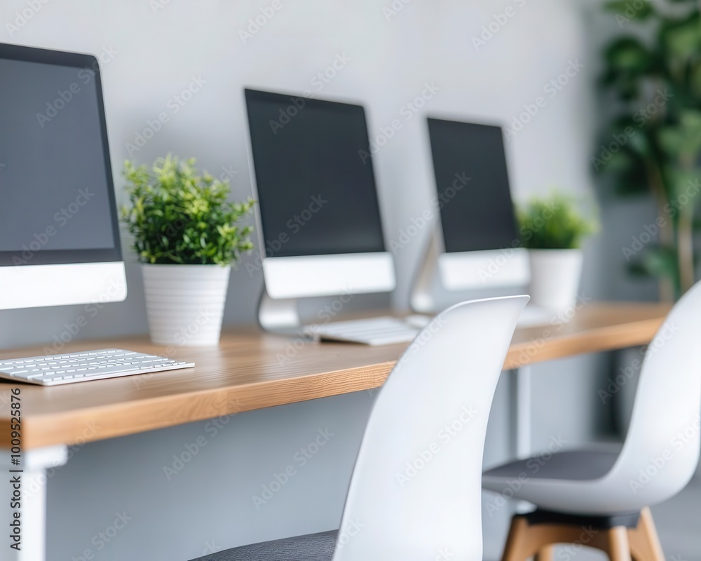modern coworking space interior with panoramic windows and pc computers on desks in row business workplace modern coworking space interior with panoramic windows and pc computers on desks in row business workplace