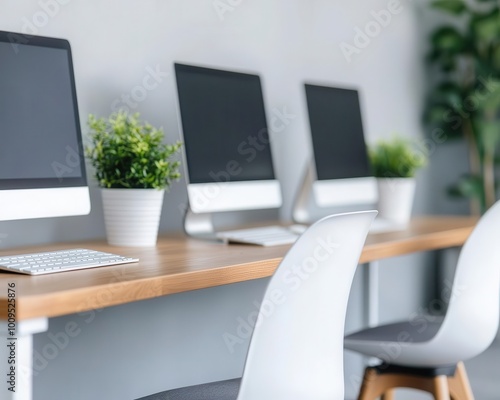 Wallpaper Mural modern coworking space interior with panoramic windows and pc computers on desks in row business workplace Torontodigital.ca