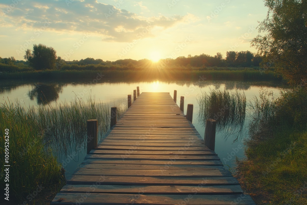 Beautiful Wooden Pathway Leading to a Serene Sunset Beautiful Wooden Pathway Leading to a Serene Sunset