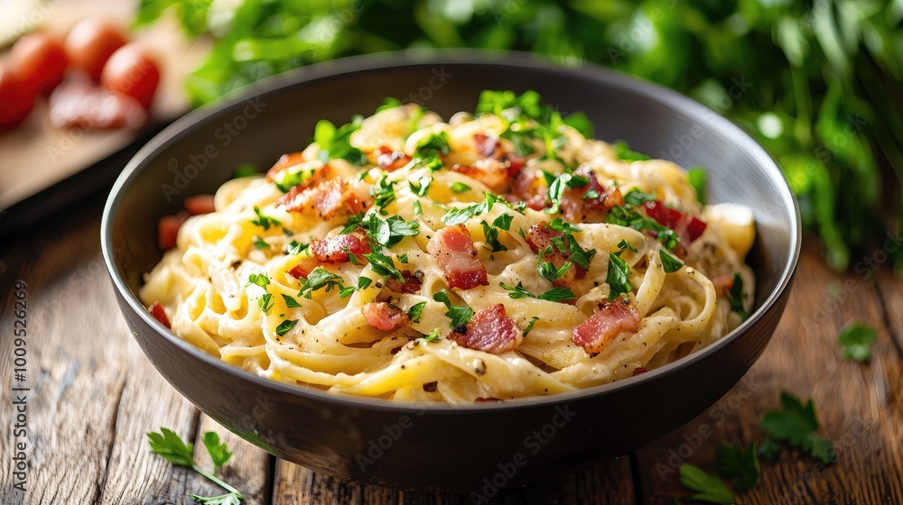 Delicious creamy pasta topped with crispy bacon and fresh herbs in a rustic bowl, perfect for a comforting meal. Delicious creamy pasta topped with crispy bacon and fresh herbs in a rustic bowl, perfect for a comforting meal.