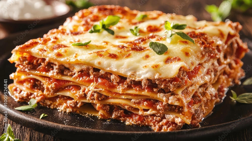 Delicious homemade lasagna with rich meat sauce, layered pasta, and melted cheese, garnished with fresh herbs on a dark plate. Delicious homemade lasagna with rich meat sauce, layered pasta, and melted cheese, garnished with fresh herbs on a dark plate.