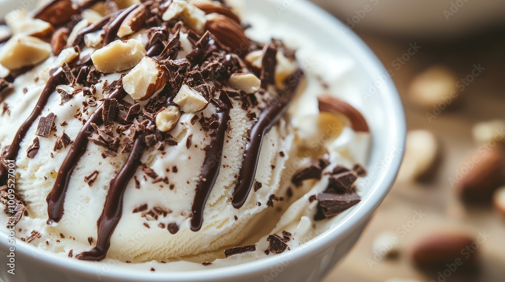 Delicious ice cream topped with chocolate syrup, nuts, and chocolate shavings in a cozy setting, perfect for dessert lovers. Delicious ice cream topped with chocolate syrup, nuts, and chocolate shavings in a cozy setting, perfect for dessert lovers.