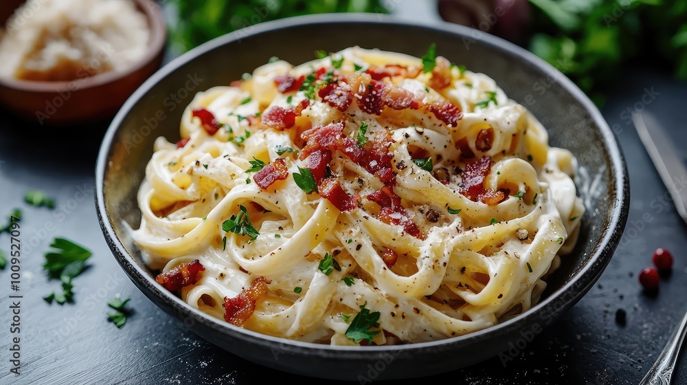 Delicious pasta dish topped with crispy bacon and fresh herbs, perfect for a hearty meal or a comforting dinner. Delicious pasta dish topped with crispy bacon and fresh herbs, perfect for a hearty meal or a comforting dinner.