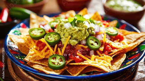 Delicious tortilla chips topped with cheese, guacamole, salsa, and jalapenos, perfect for a party snack or appetizer. photo