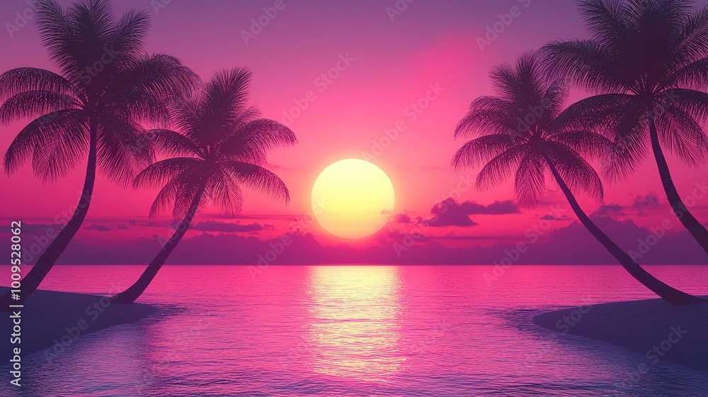 A tranquil sunset over calm waters, framed by silhouetted palm trees in vibrant pink and orange hues. Perfect for relaxation themes. A tranquil sunset over calm waters, framed by silhouetted palm trees in vibrant pink and orange hues. Perfect for relaxation themes.