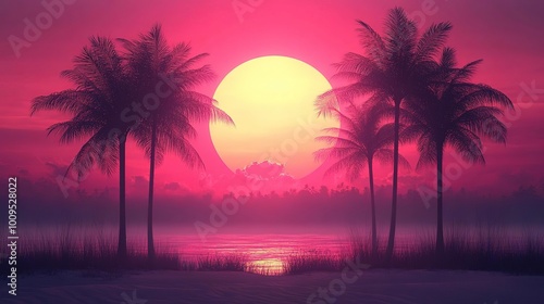 A vibrant sunset scene featuring palm trees silhouetted against a colorful pink sky, creating a serene tropical atmosphere.