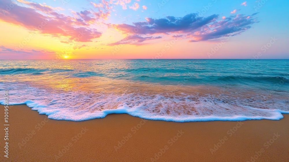 Beautiful Sunset Over Calm Ocean Waves on Sandy Beach Beautiful Sunset Over Calm Ocean Waves on Sandy Beach
