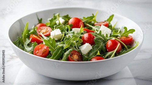 A fresh salad with arugula, cherry tomatoes, and low-fat feta, presented in a modern white bowl on a marble table