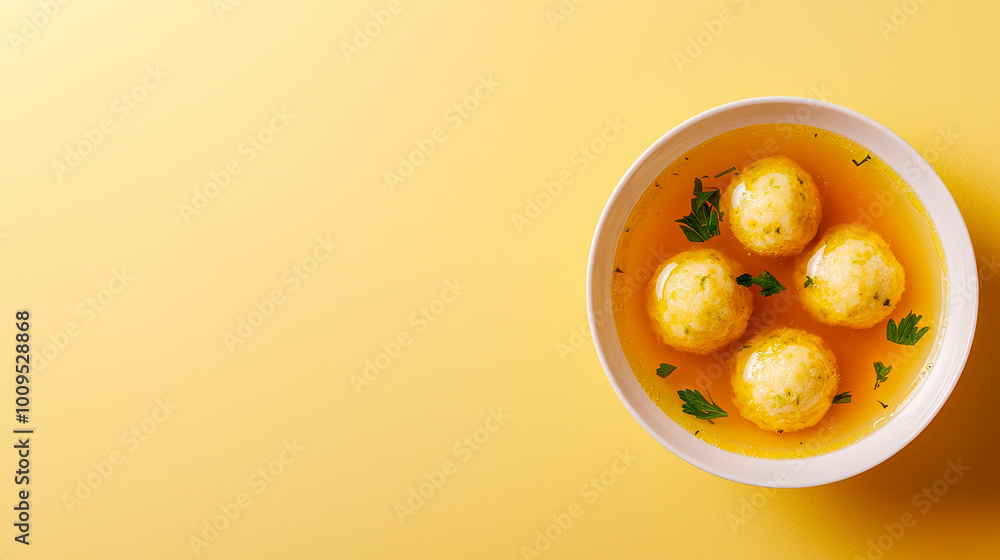 Bowl Of Matzo Ball Soup On Smooth Light Yellow Surface . Bowl Of Matzo Ball Soup On Smooth Light Yellow Surface .