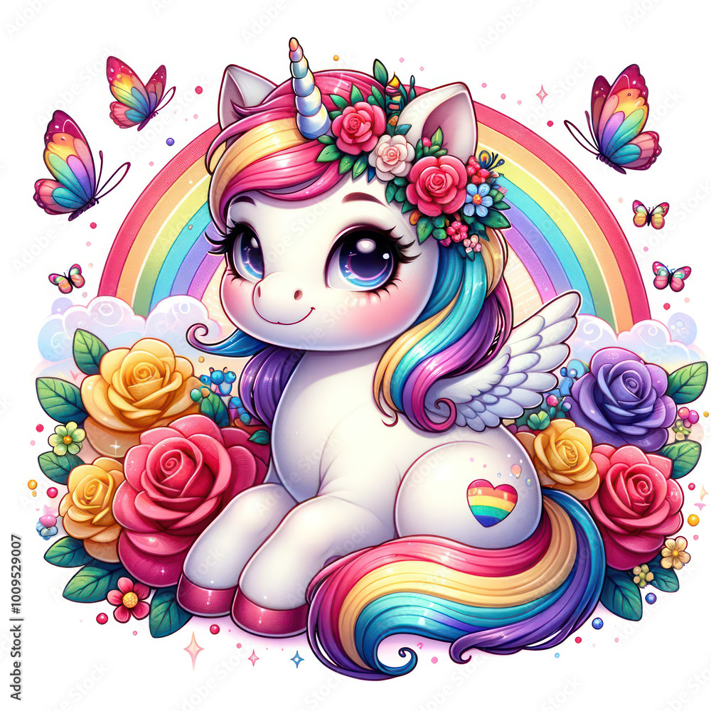 Naklejka premium A joyful white unicorn with rainbow and flowers in 3D, pastel colors
