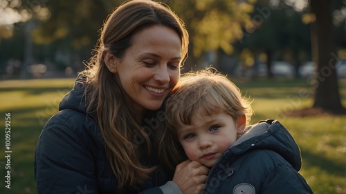 "A mother hugging her child as they play in the park."