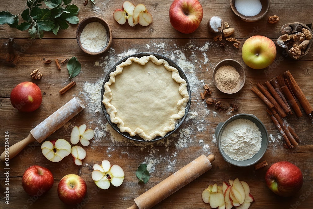 A rustic kitchen scene with apple pie ingredients and tools arranged on a wooden surface. A rustic kitchen scene with apple pie ingredients and tools arranged on a wooden surface.