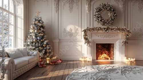 Wallpaper Mural Warm white home decor featuring Christmas tree, fireplace, and elegant gold and white ornaments Happy New Year, banner Torontodigital.ca