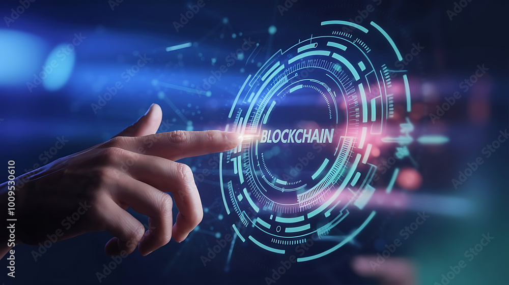 Blockchain technology,, blockchain symbol on a virtual screen, Decentralization, Cryptocurrency, Peer-to-peer (P2P) network Blockchain technology,, blockchain symbol on a virtual screen, Decentralization, Cryptocurrency, Peer-to-peer (P2P) network