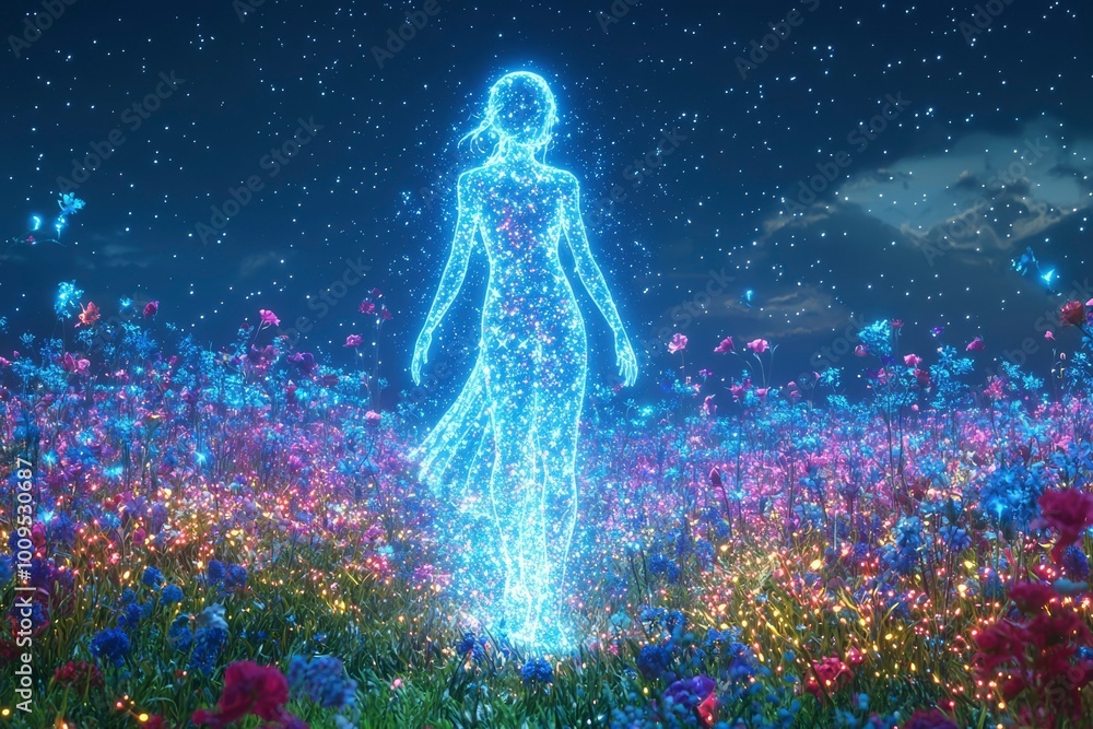 Glowing Woman Figure in a Field of Flowers under a Starry Sky Glowing Woman Figure in a Field of Flowers under a Starry Sky