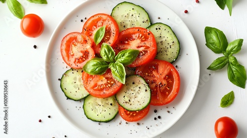 A plate of fresh tomato and cucumber slices with a sprinkle of salt and pepper, served on a white table with minimalist decor