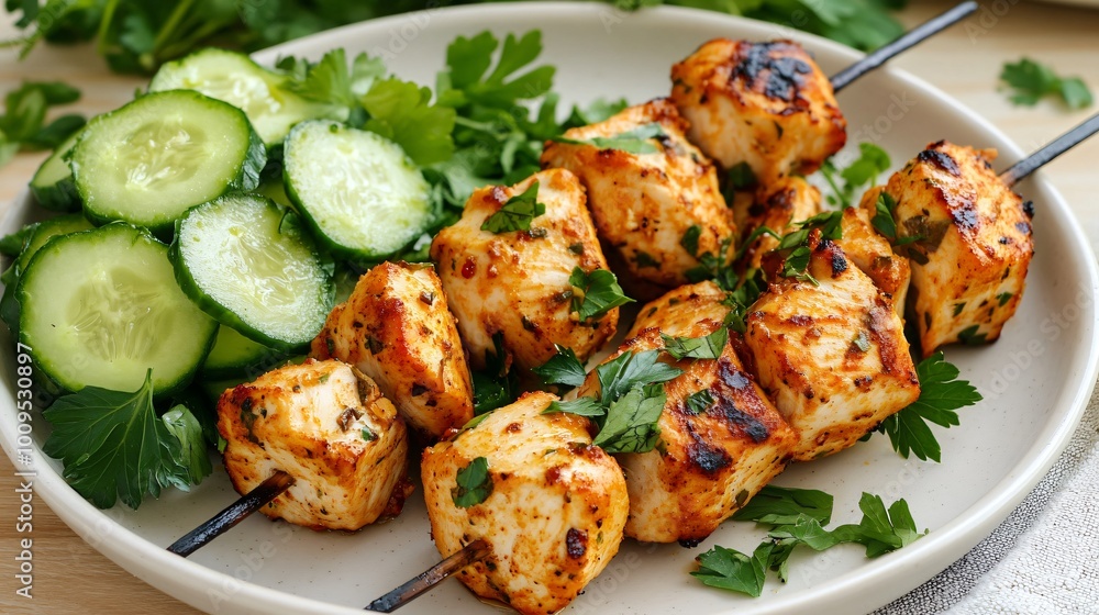 A plate of lightly grilled chicken kebabs with a side of cucumber salad, styled on a wooden table with fresh herbs A plate of lightly grilled chicken kebabs with a side of cucumber salad, styled on a wooden table with fresh herbs