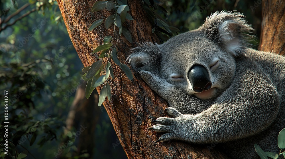Naklejka premium A sleeping koala resting its head on a tree branch with closed eyes