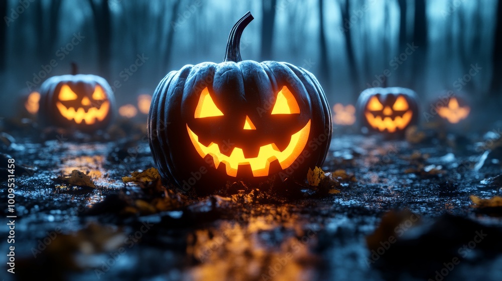 Spooky Jack o Lantern in Haunted Forest for Halloween Spooky Jack o Lantern in Haunted Forest for Halloween