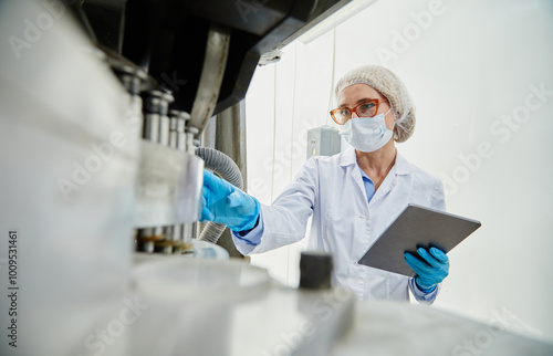 Shot from pill press machine of female process technician in sterile classroom clothing holding digital tablet while inspecting manufacturing equipment at pharmaceutical factory, copy space