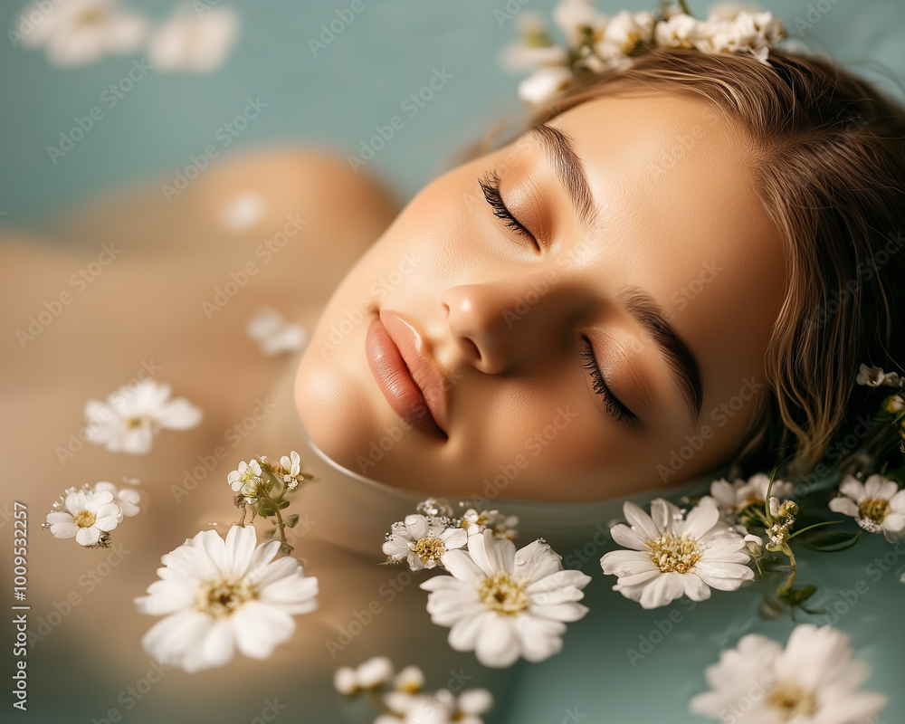 woman in a spa in the water with flowers around her. spa concept woman in a spa in the water with flowers around her. spa concept