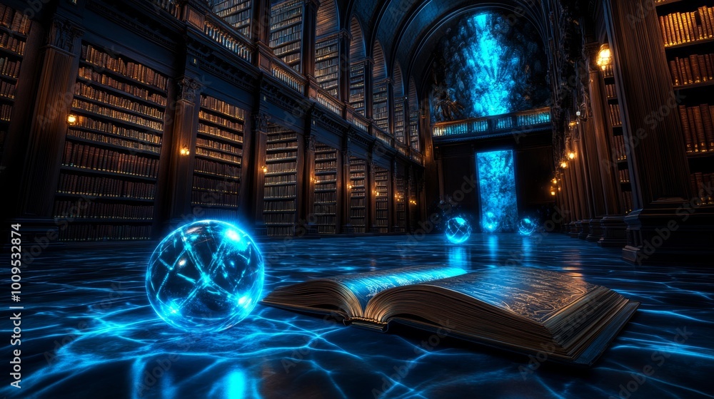 Mystical Library Interior with Glowing Orbs and Open Book Mystical Library Interior with Glowing Orbs and Open Book