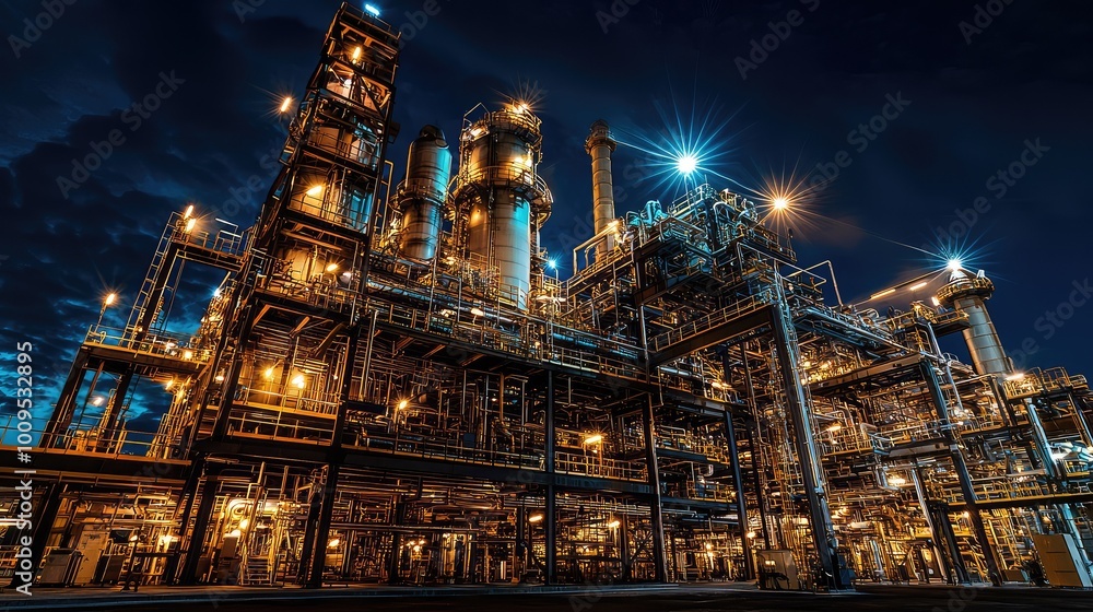 Fototapeta premium Illuminated industrial plant at night showcasing intricate structures and machinery, embodying modern manufacturing technology.