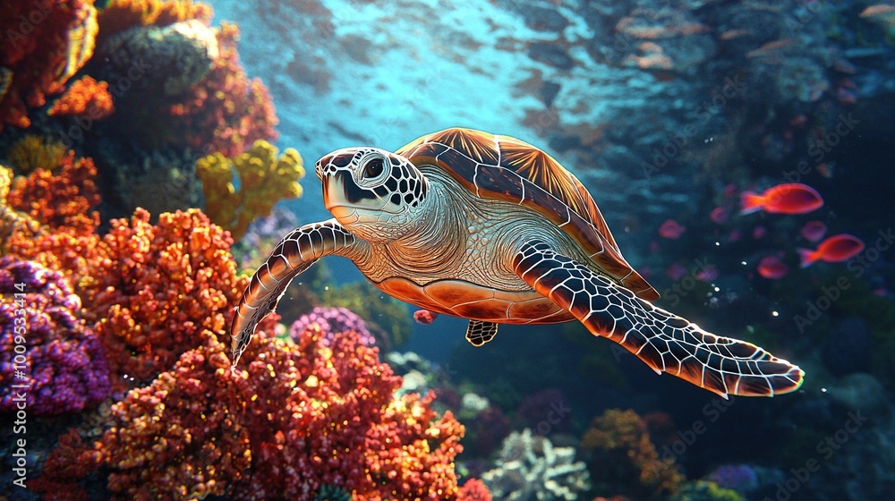 A close-up image of a sea turtle swimming in a vibrant coral reef surrounded by various corals and colorful fish A close-up image of a sea turtle swimming in a vibrant coral reef surrounded by various corals and colorful fish