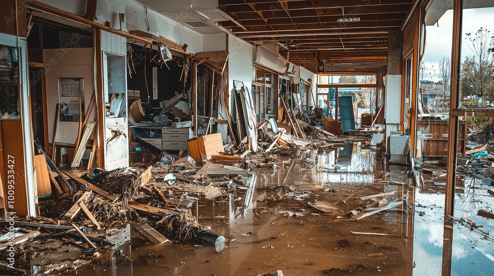 Interior of a damaged building with debris and water, showcasing the aftermath of a disaster or flood event. Interior of a damaged building with debris and water, showcasing the aftermath of a disaster or flood event.
