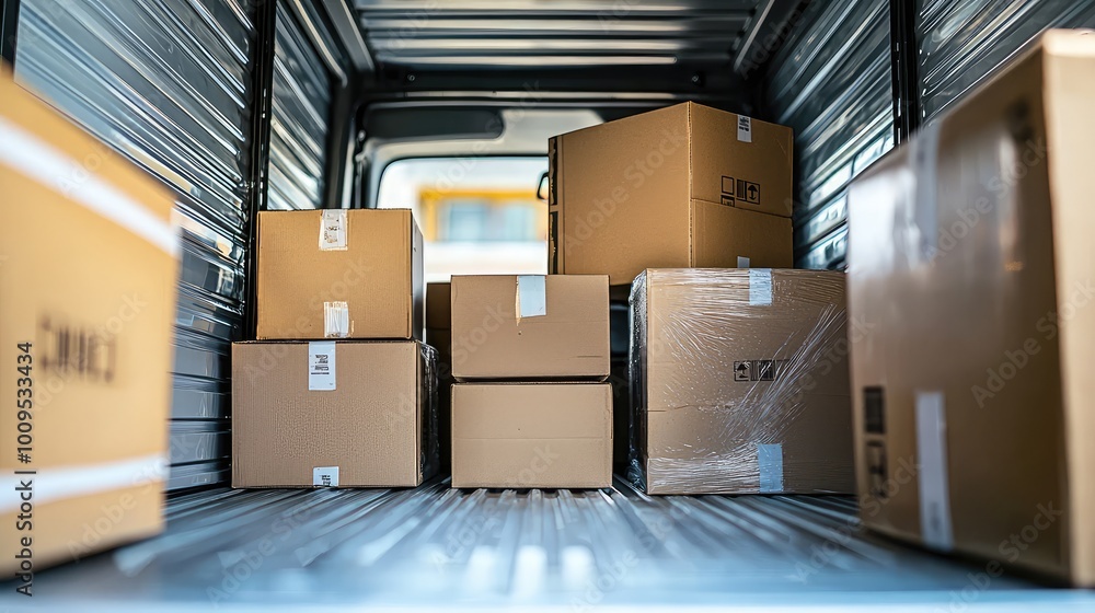 Inside a delivery truck, neatly stacked cardboard boxes ready for shipment, showcasing logistics and transportation efficiency. Inside a delivery truck, neatly stacked cardboard boxes ready for shipment, showcasing logistics and transportation efficiency.