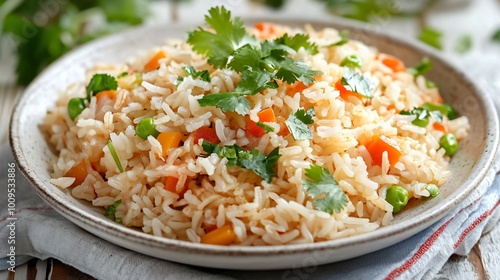 Steamed brown rice with a medley of sauteed vegetables, garnished with fresh cilantro, against a light, airy backdrop