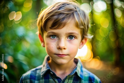 Unique Portrait of a Young Boy with Distinctive Features and Unconventional Expression in Natural Light