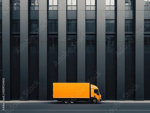 blockchain - based supply chain truck parked in front of a tall building, with a yellow bus in the photo