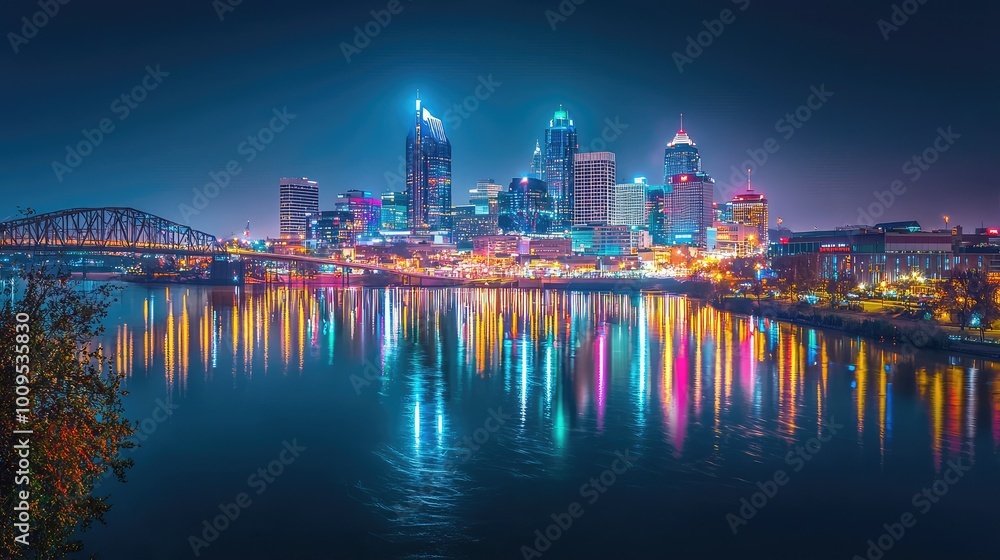 Obraz premium Night skyline view of a vibrant city, illuminated buildings reflecting on a calm river, showcasing urban beauty and tranquility.