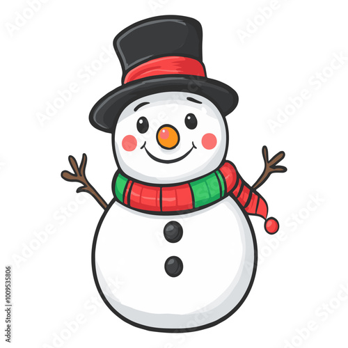 Cheerful cartoon snowman with a black hat, red and green scar