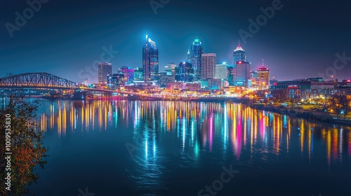 Night skyline view of a vibrant city, illuminated buildings reflecting on a calm river, showcasing urban beauty and tranquility.